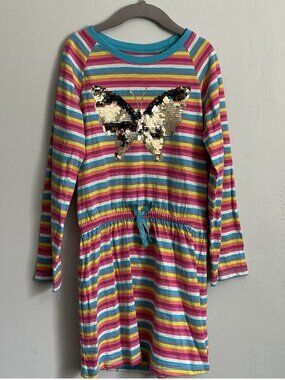 Hatley Girls Rainbow Stripe Dress Size 7 Sequin Butterfly Long Sleeve